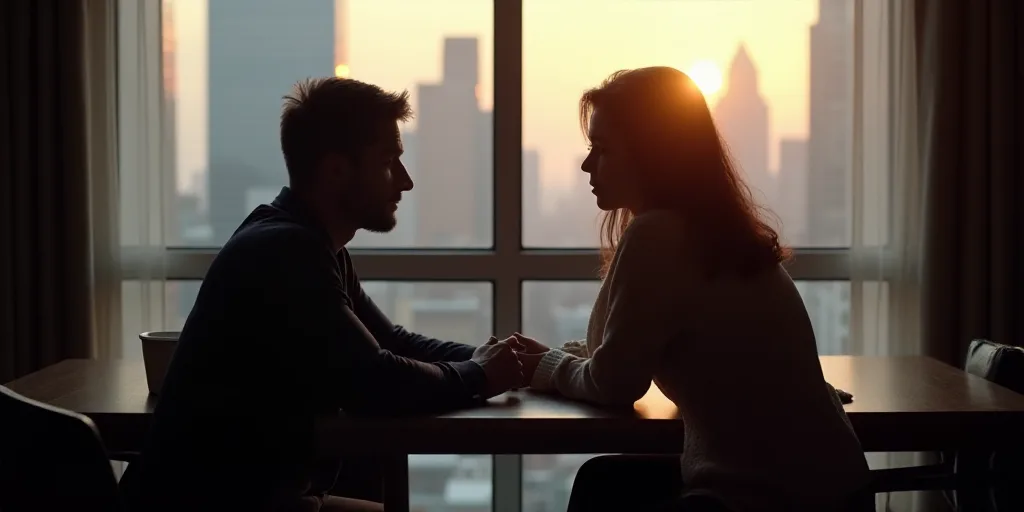 a man and a woman sitting at a table in front of a window with a view of the city, Eve Ryder, backli