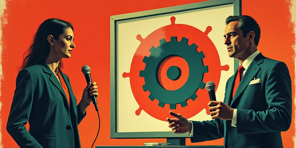 a man and a woman standing in front of a sign with a gear on it and a man holding a microphone, Fede