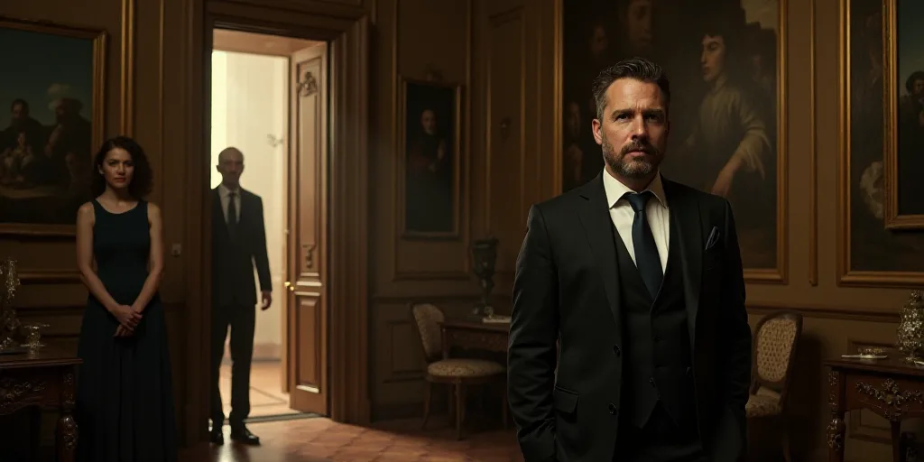 a man and a woman standing in a room with a door open and a man in a suit looking at the camera, Clo