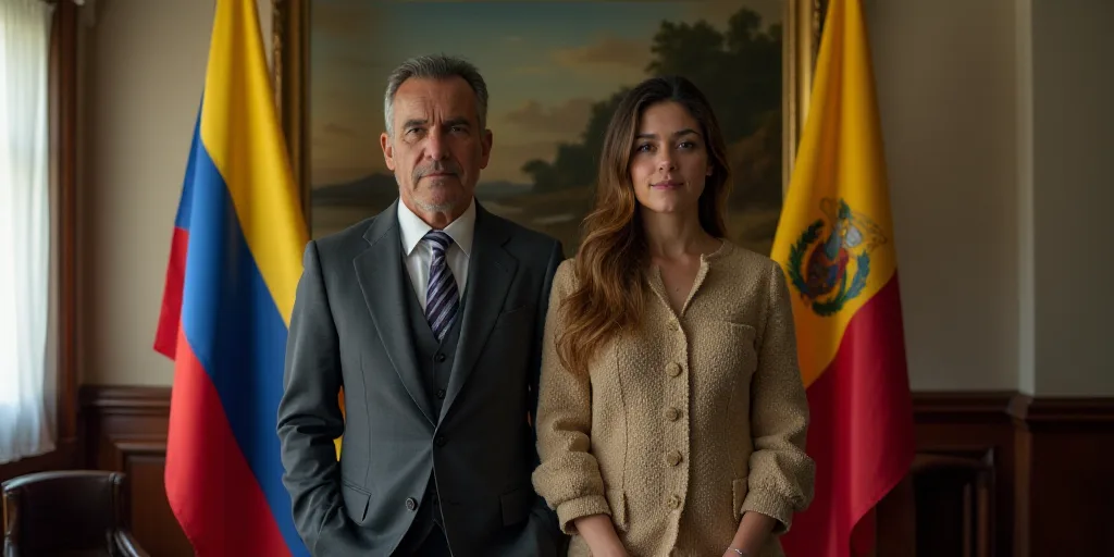 a man and a woman standing in front of flags in a room with a painting on the wall behind them, Emma