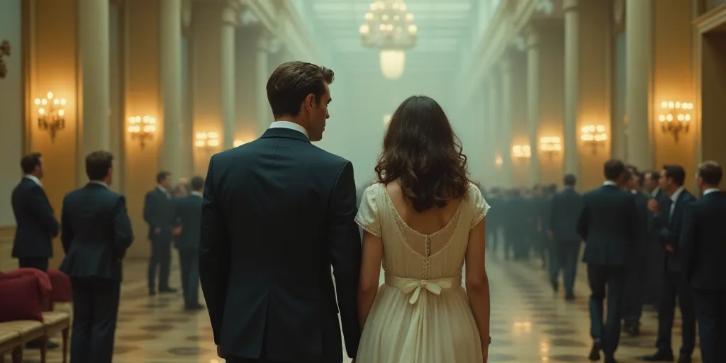 a man and a woman walking together in a room with people in the background and a man in a suit and t