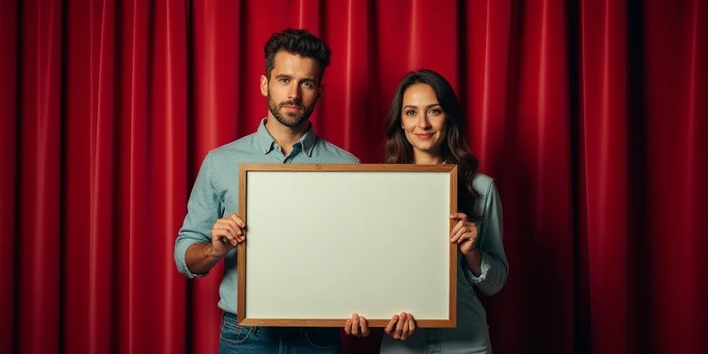 a man and woman holding a large framed poster in front of a stage curtain and a red curtain behind t