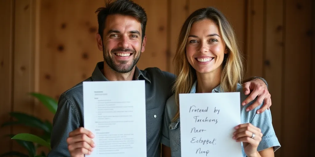 a man and woman holding up two papers with writing on them and smiling at the camera with a wooden w
