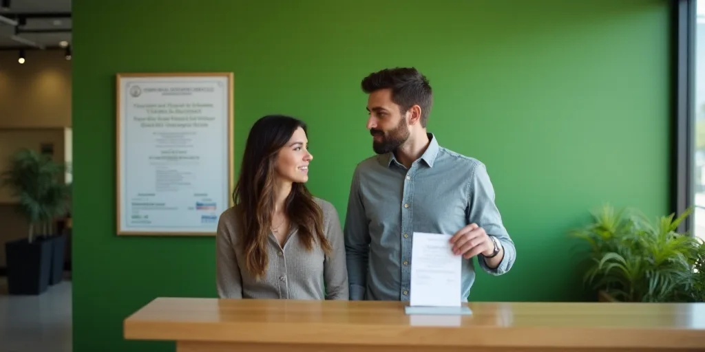 a man and woman standing in a room with a green wall behind them and a check in counter with a recei