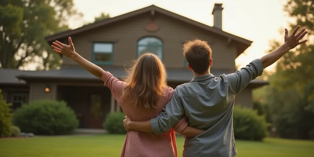 a man and woman standing outside of a house with their arms outstretched in the air and looking at t