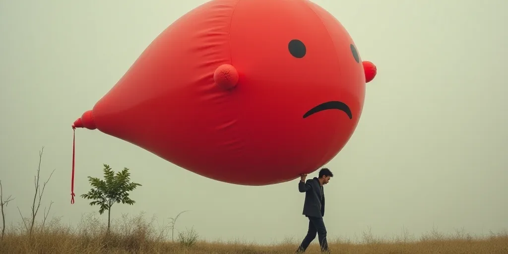 a man carrying a huge red balloon with a sad face on it's back, with a plant in the background, Éva