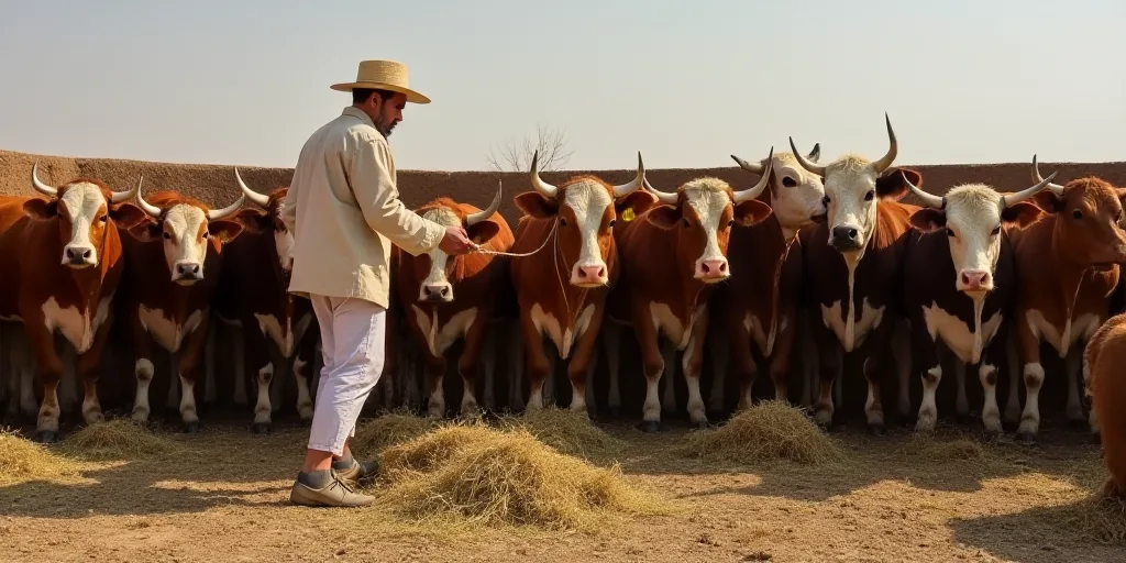 a man feeding cows in a pen with hay on the ground and straw on the ground around them and a cow wit