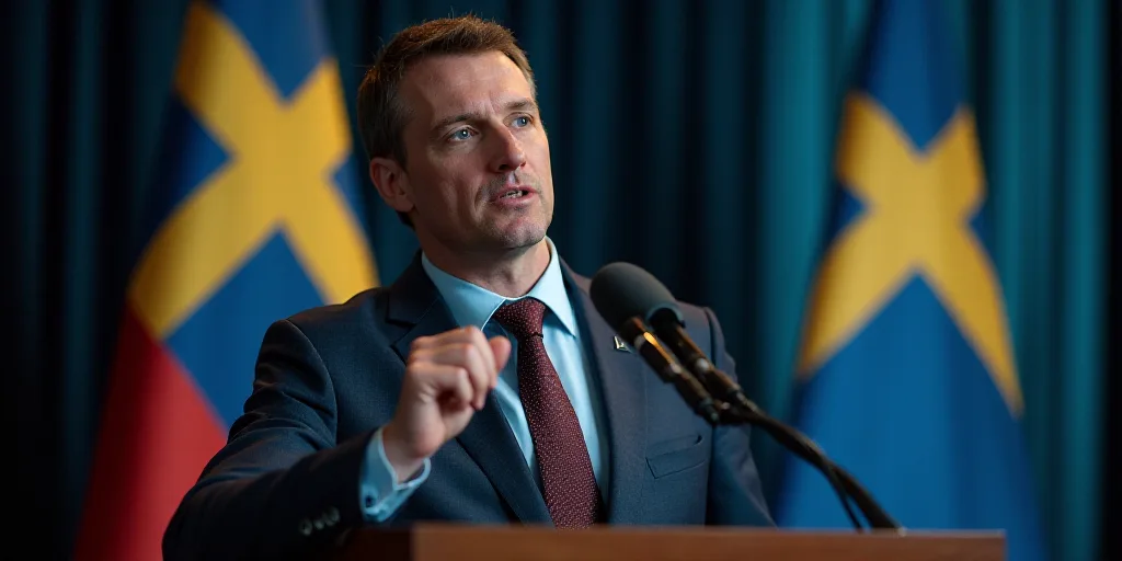 a man giving a speech in front of a flag and a microphone with a flag behind him and a flag behind h