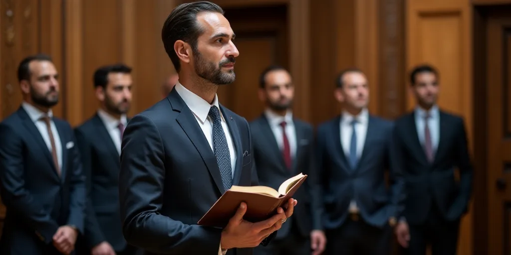 a man holding a book in his hands while other men look on in the background and a man in a suit and