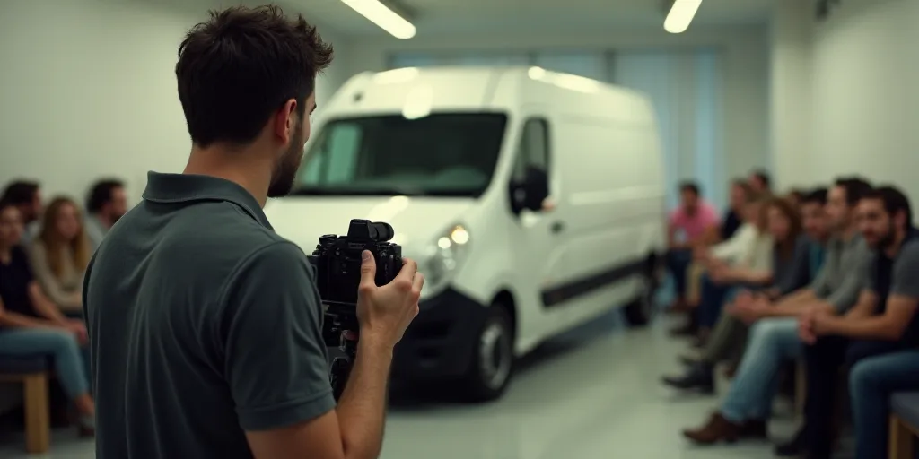 a man holding a camera in front of a group of people in a room with a white van behind him, Ceferí