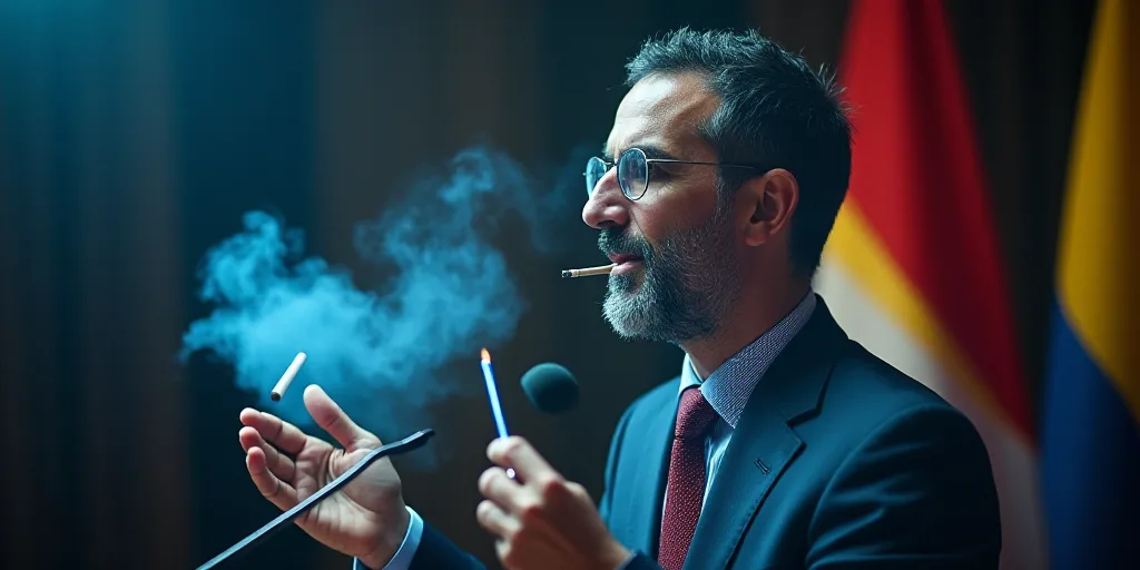 a man holding a cigarette in front of a microphone and a flag behind him with a pen in his hand, Car