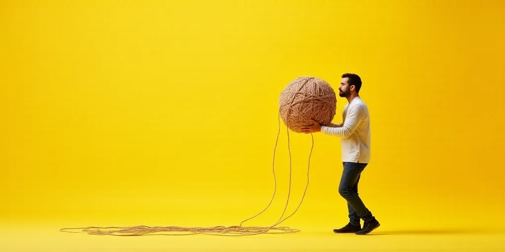 a man holding a large ball of yarn in his hands while standing on a yellow background with a string,