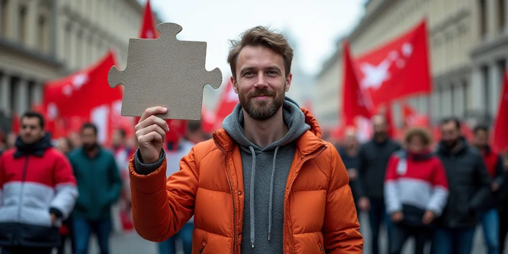a man holding a sign with a flag in front of him and a group of people behind him with flags, De Hir