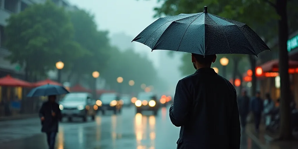 a man holding an umbrella in the rain on a street corner with people walking by on a rainy day, Bika