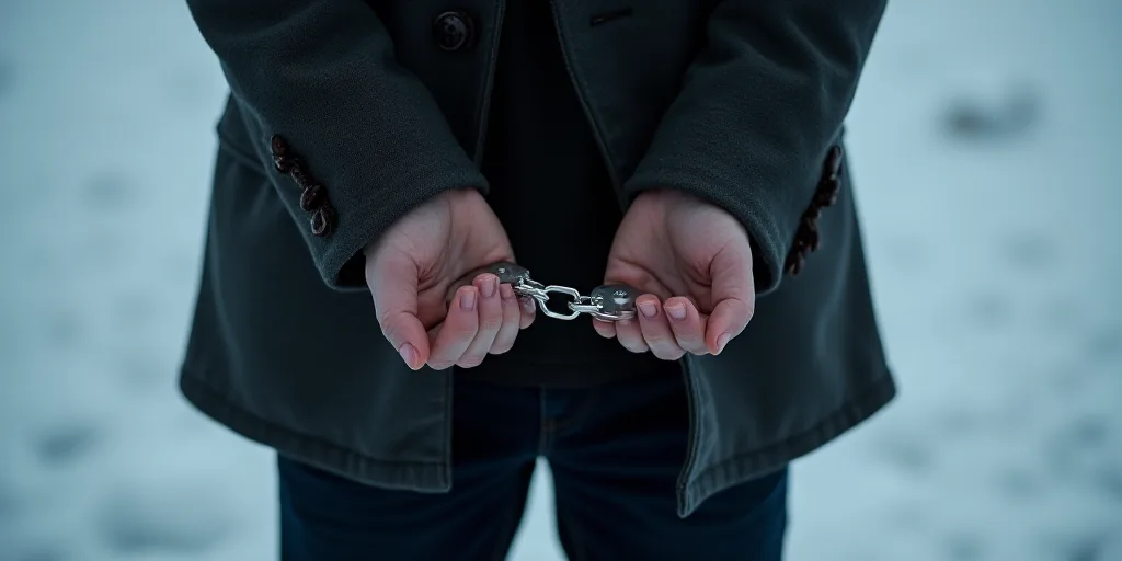 a man holding his hands in handcuffs with both hands on his chest and the other hand on his chest, D