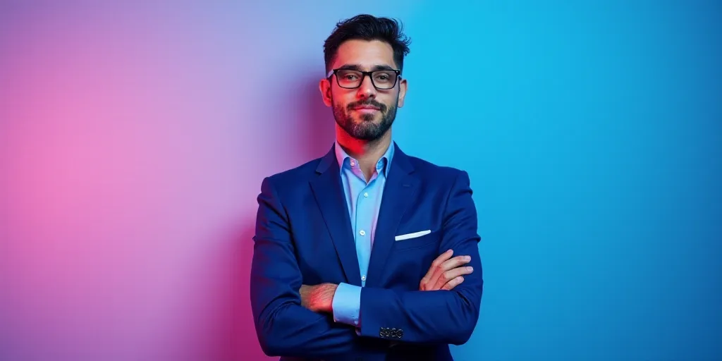 a man in a blue suit and glasses standing with his arms crossed in front of a blue and pink backgrou
