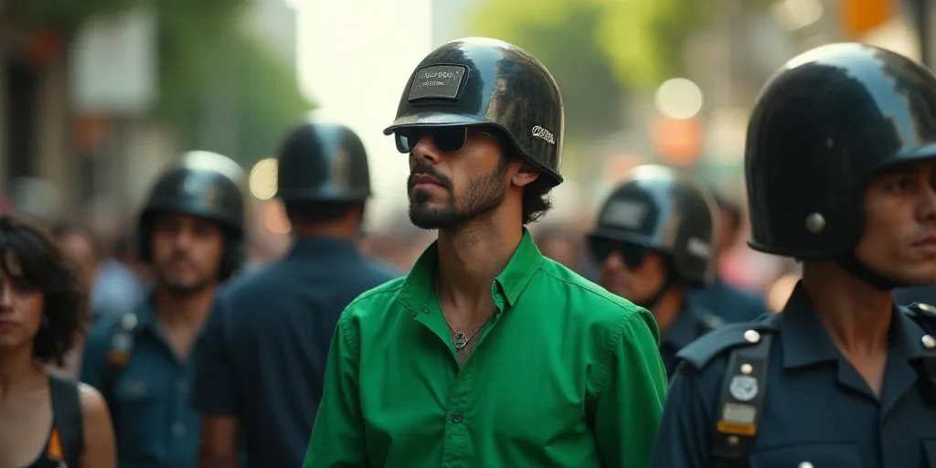 a man in a green shirt is walking in a crowd of people with police hats on his head and a police off