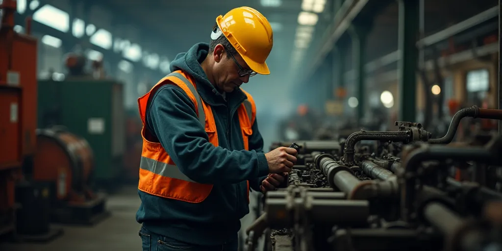 a man in a hard hat and safety gear working on a machine in a factory area with other machinery, Con