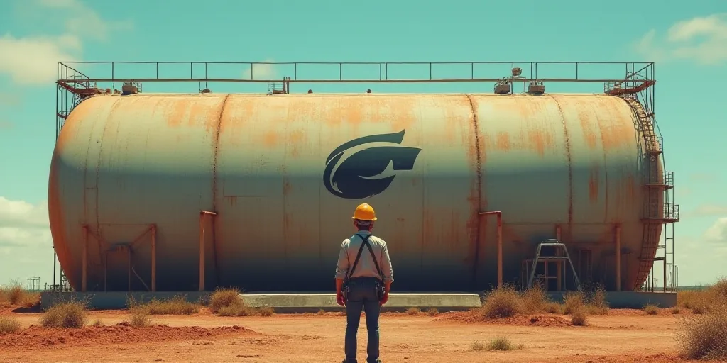 a man in a hard hat standing in front of a large oil tank with a logo on it's side, Aquirax Uno, oil