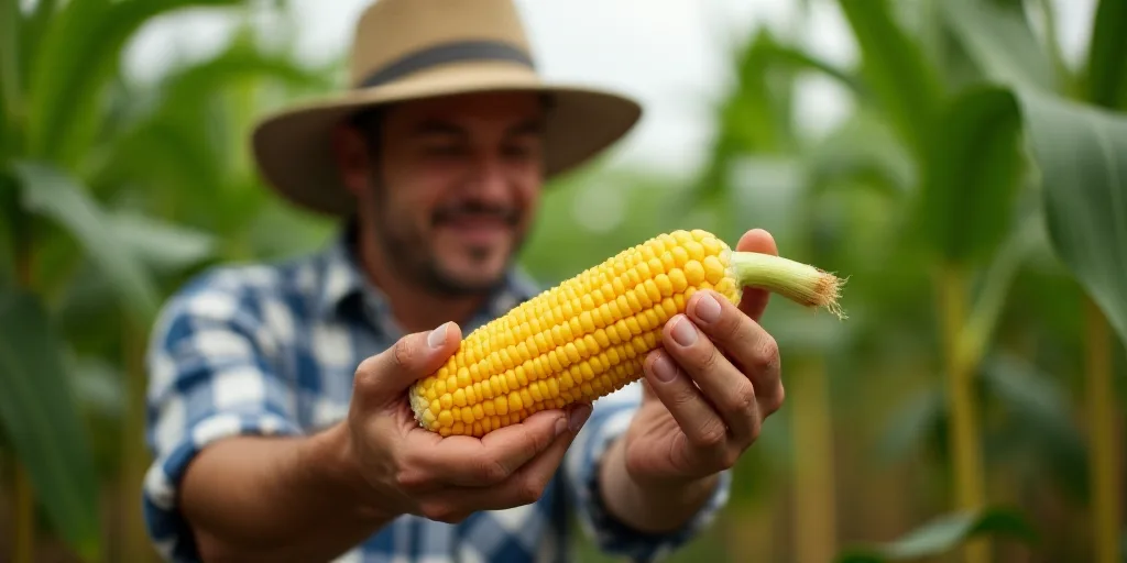 a man in a hat is holding a corn cob in his hand and looking at it in the other hand, Ceferí Olivé
