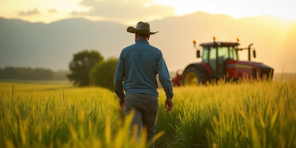 a man in a hat is walking through a field of grass with a tractor behind him and a tractor behind hi
