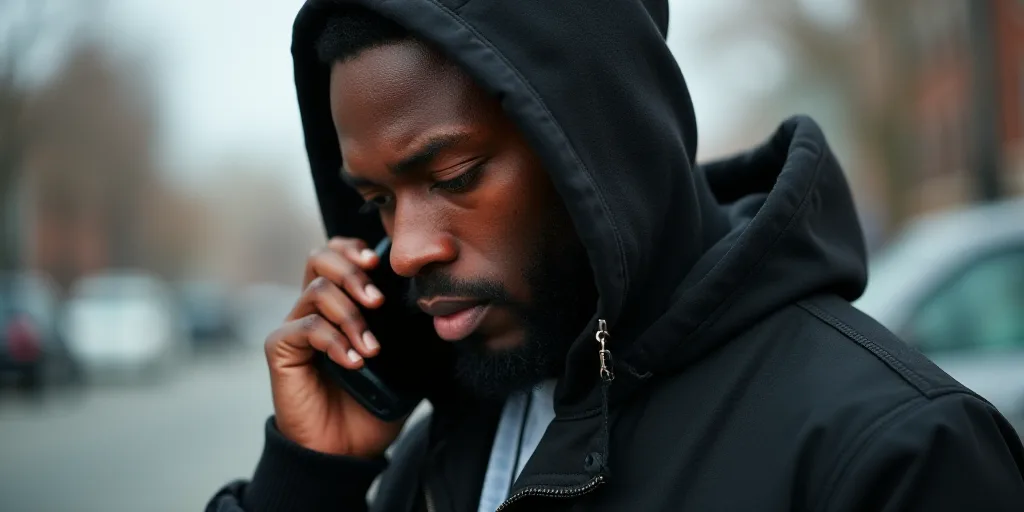 a man in a hoodie is holding a phone to his ear and looking down at the ground while wearing a hoodi