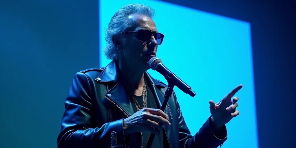 a man in a leather jacket and sunglasses holding a microphone and speaking into a microphone with a