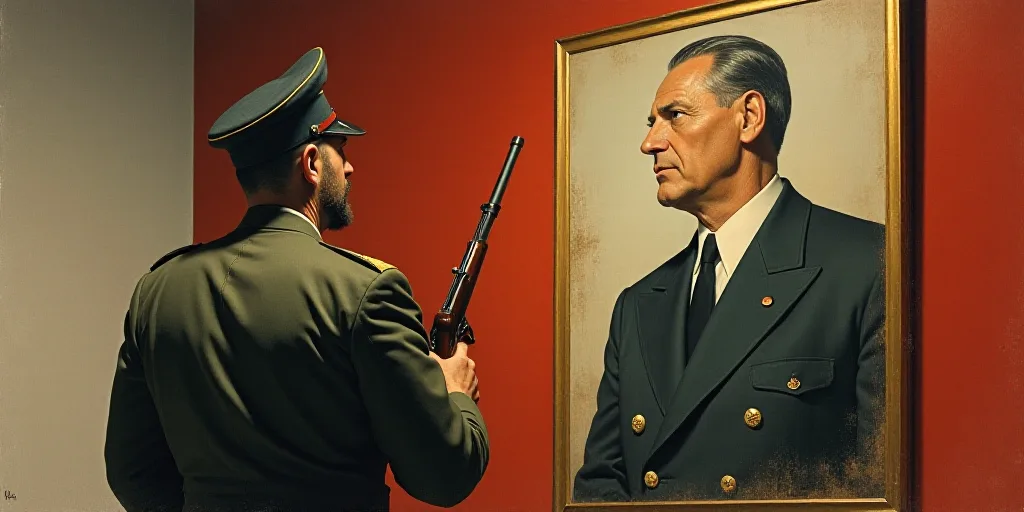 a man in a military uniform holding a gun and looking up at a poster of a man in a suit, Carl Gustaf