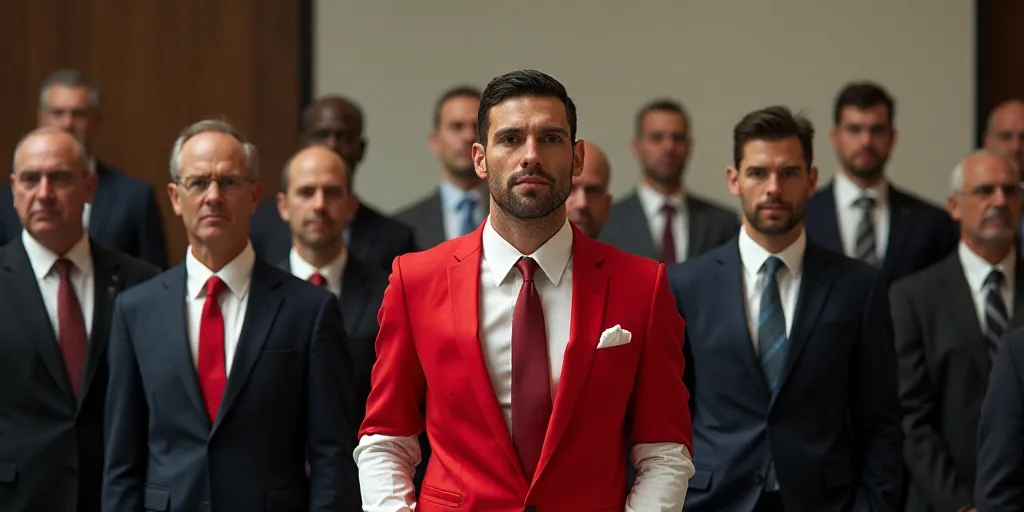 a man in a red and white outfit and other people in suits and ties and one man in a red and white sh