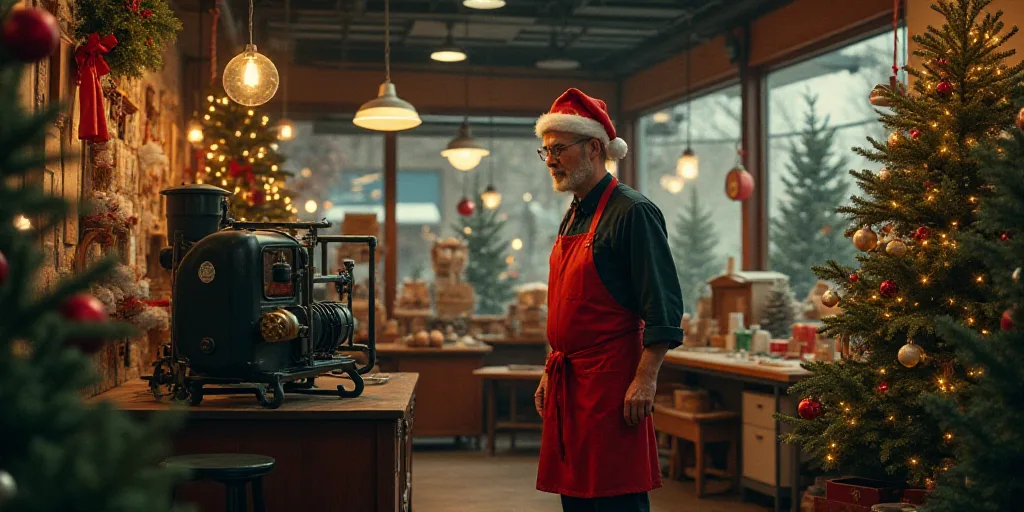a man in a red apron is looking at a machine in a store with christmas trees and other decorations,
