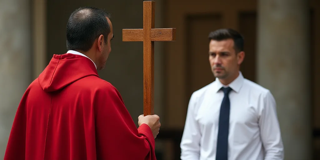 a man in a red robe holding a cross in front of a man in a white shirt and tie, Estuardo Maldonado,