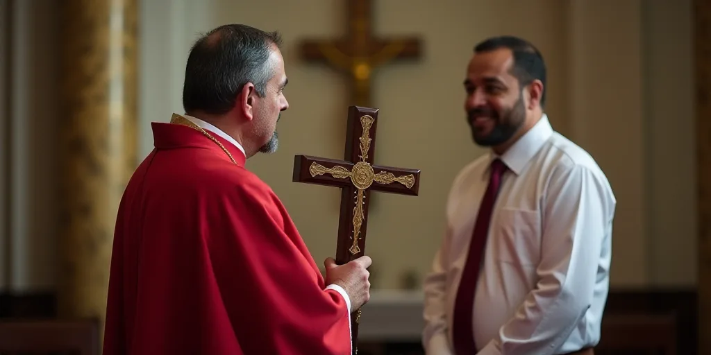 a man in a red robe holding a cross in front of a man in a white shirt and tie, Estuardo Maldonado,