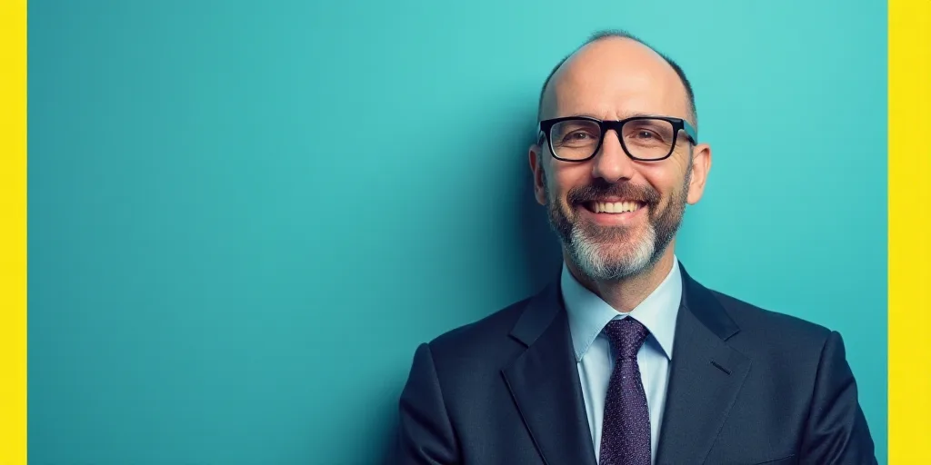 a man in a suit and glasses is smiling for the camera with a blue background and a yellow border, Ed