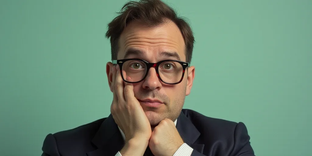 a man in a suit and glasses is posing for a picture with his hands on his chins and his chin resting