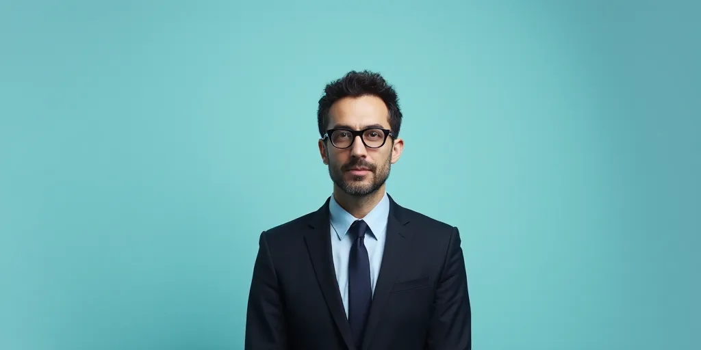 a man in a suit and glasses standing in front of a blue background with a black and white photo, Est