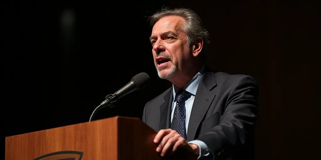 a man in a suit and tie giving a speech at a podium with a microphone in front of him, david rubín,