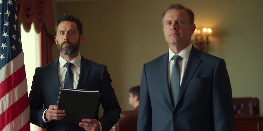 a man in a suit and tie holding a folder and a flag in front of him and another man in a suit and ti