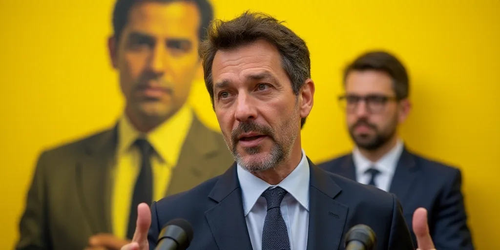 a man in a suit and tie holding microphones in front of a yellow wall with a man in a suit and tie,