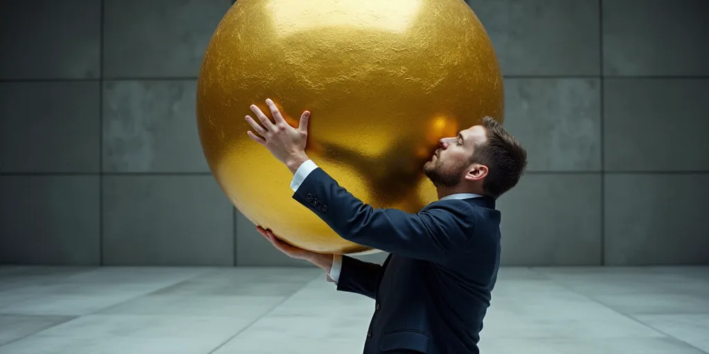 a man in a suit and tie holding up a large golden ball in front of a wall of stock, Andries Stock, i