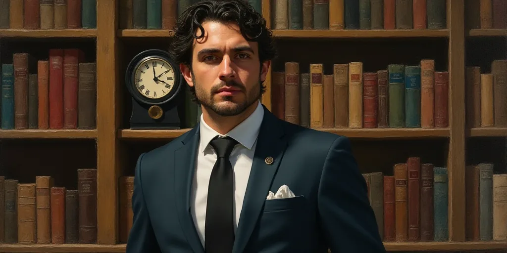 a man in a suit and tie in front of a bookcase with books on it and a clock, Carlos Enríquez Gómez