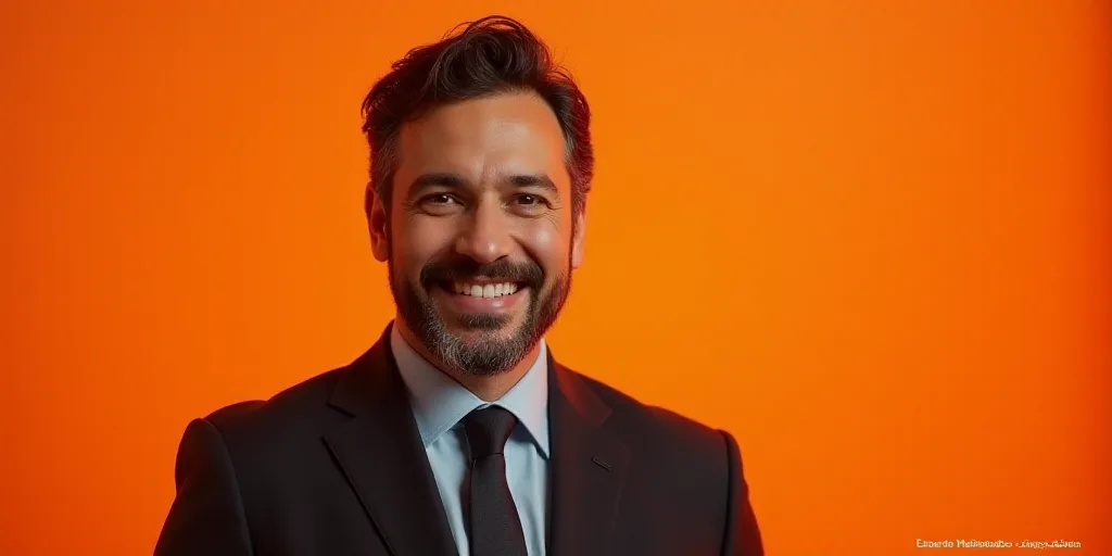 a man in a suit and tie is smiling for the camera with an orange background and a quote from the aut