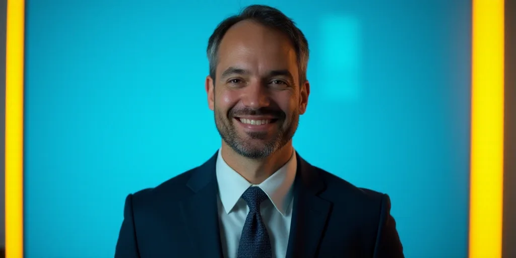 a man in a suit and tie is smiling for a picture with a blue background and a yellow border, Edward
