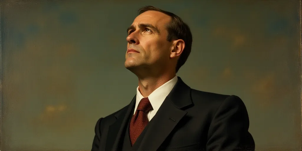 a man in a suit and tie looking up at something in the air with a serious look on his face, Amédée