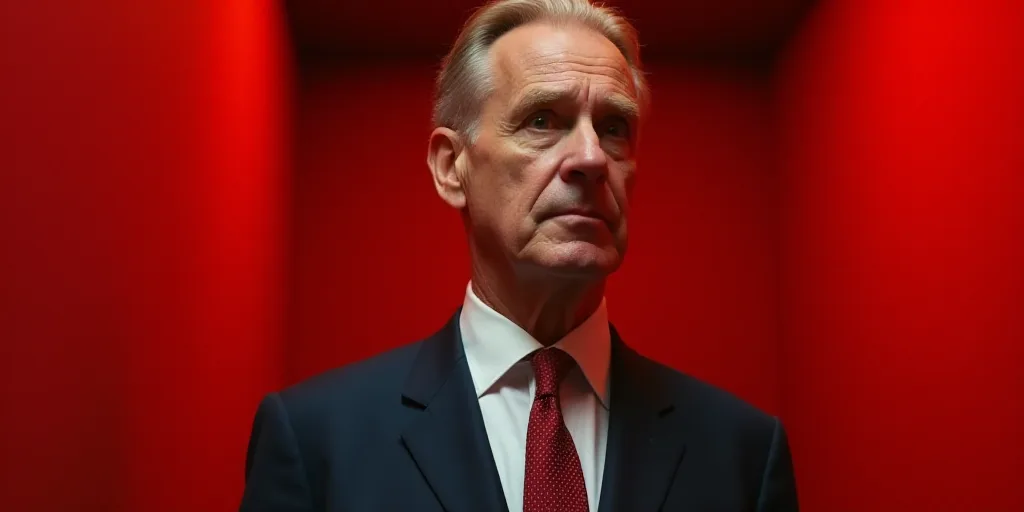 a man in a suit and tie looking off to the side with a red background behind him and a red wall behi
