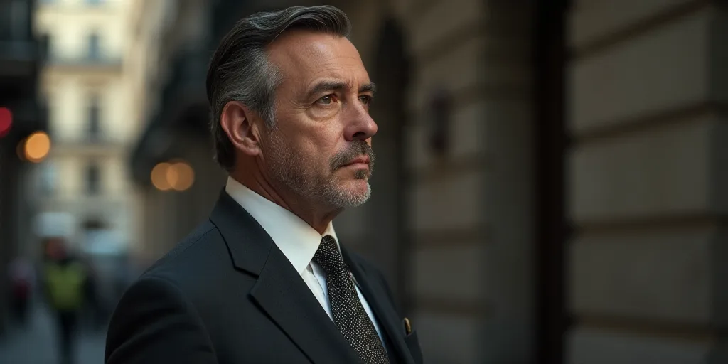 a man in a suit and tie looking off into the distance with a serious look on his face and shoulders,