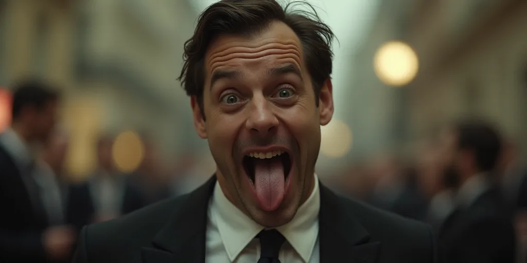 a man in a suit and tie making a face with his tongue out and a blurry background behind him, Cléme