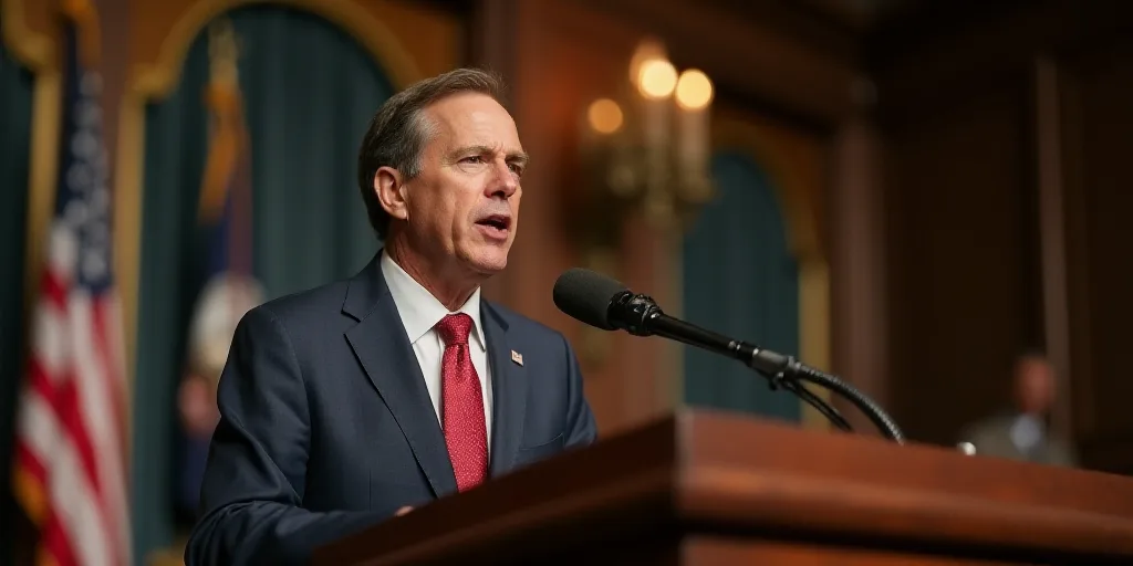 a man in a suit and tie making a speech at a podium with a microphone in front of him, Donald Roller