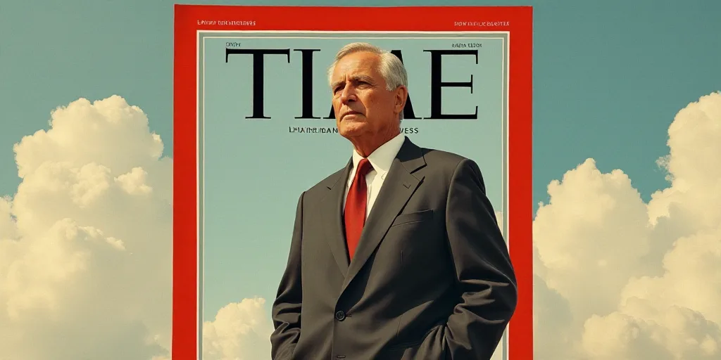 a man in a suit and tie on a cover of time magazine with a sky background and a red frame, Dong King