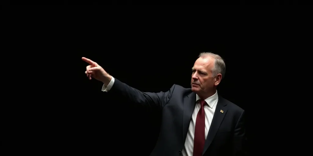 a man in a suit and tie pointing at something with his finger up in front of him and a black backgro