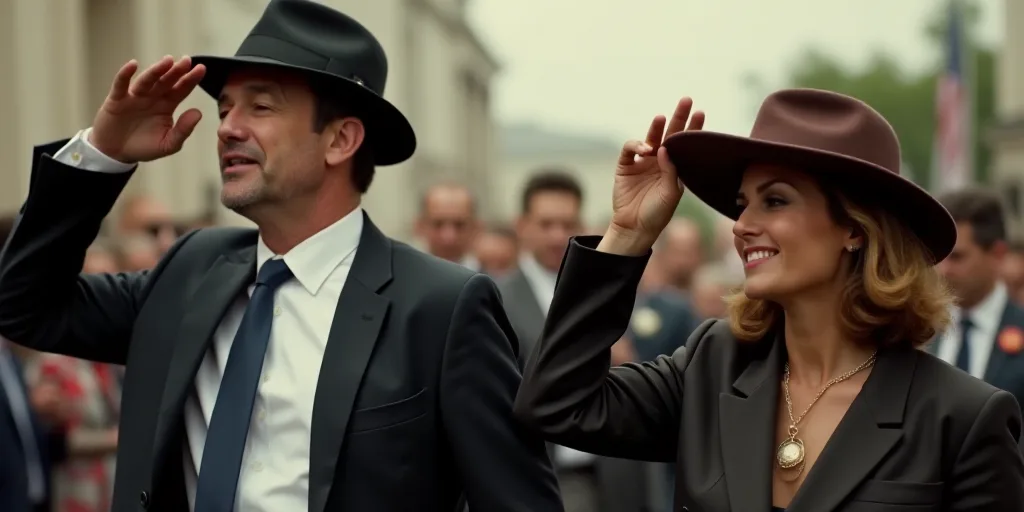 a man in a suit and tie saluting to the crowd with his hand on his head and a woman in a hat, Donald